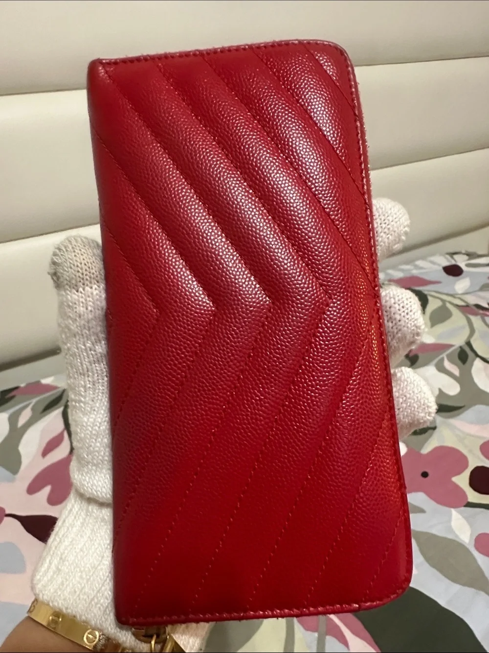 Yves Saint Laurent Red Quilted Zip-Around Wallet with Gold YSL Emblem